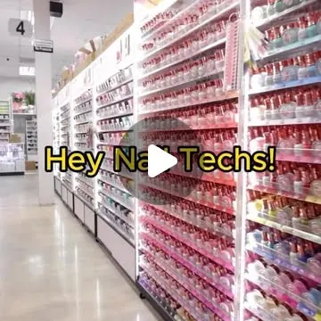 Long aisle with a full wall of polish, text "Hey Nail Techs!". 21K likes, 141 comments.